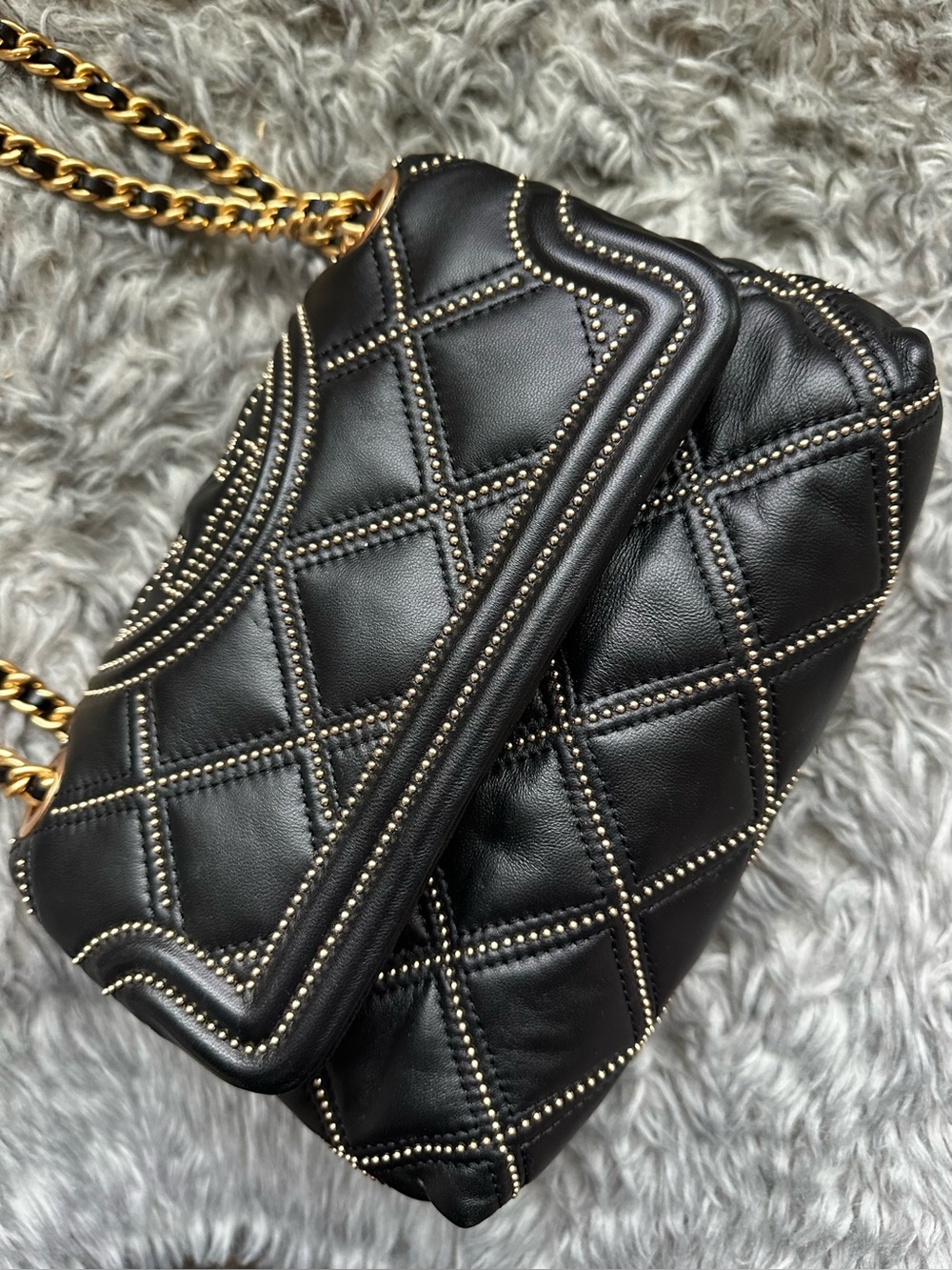 Tory Burch Fleming Studded Convertible Shoulder Bag Black Quilted Gold Chain